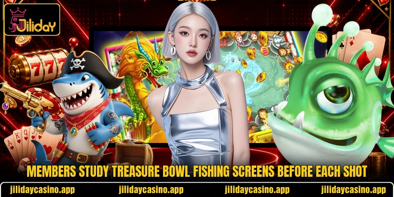 Members study Treasure Bowl Fishing screens before each shot